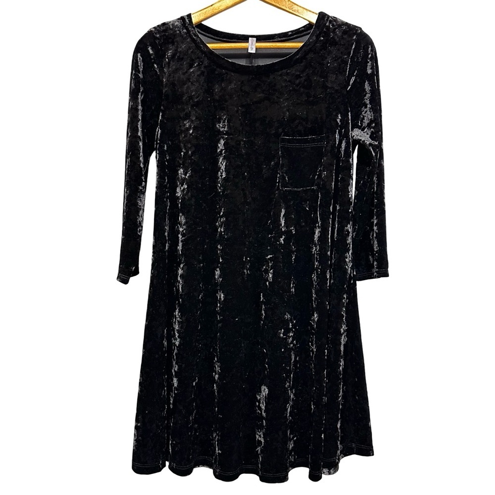 Black Crushed Velvet Swing Dress Large 3/4 Sleeve A-Line Mini Stretch Pocket